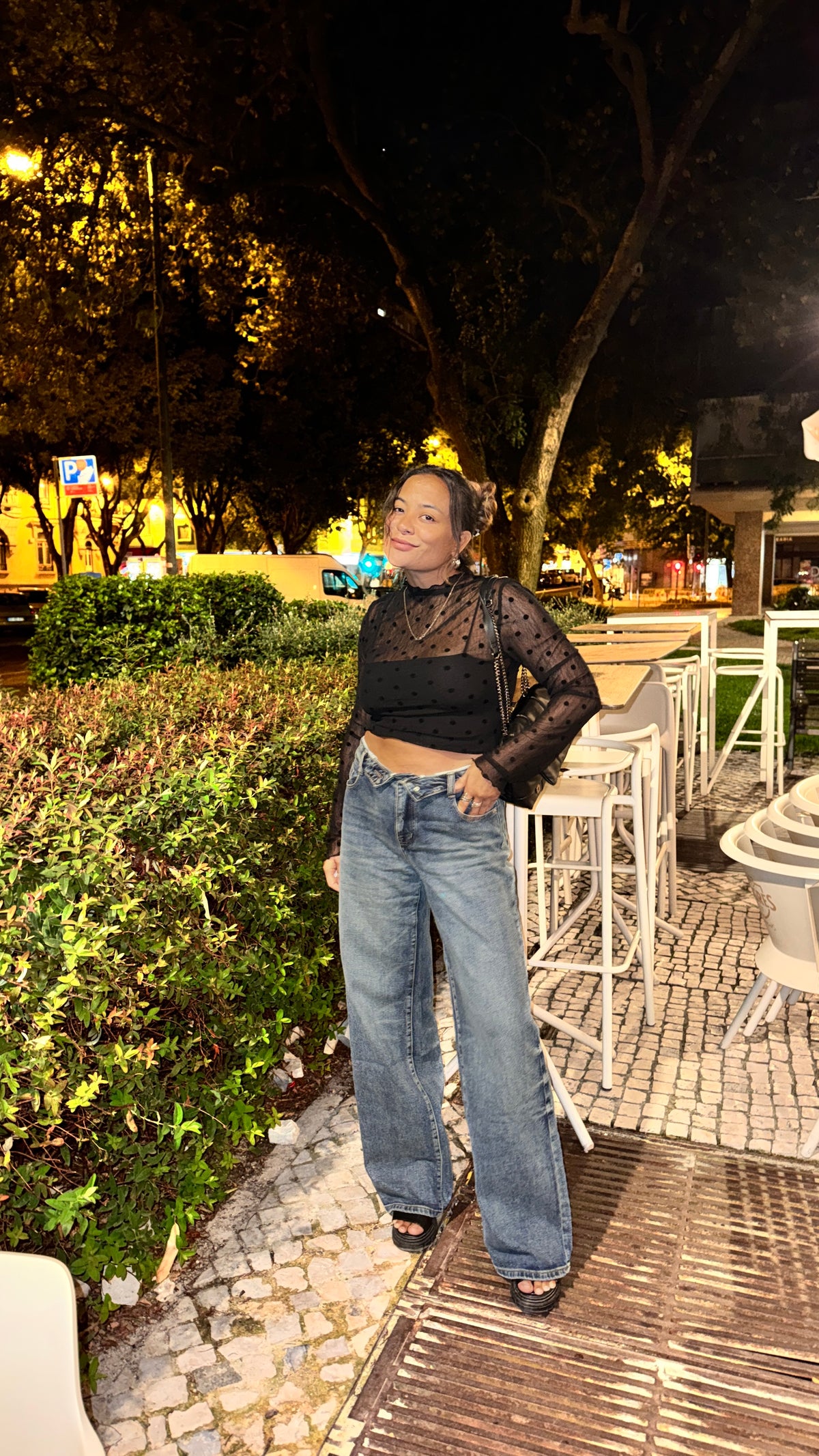 black mesh polka dots blouse
