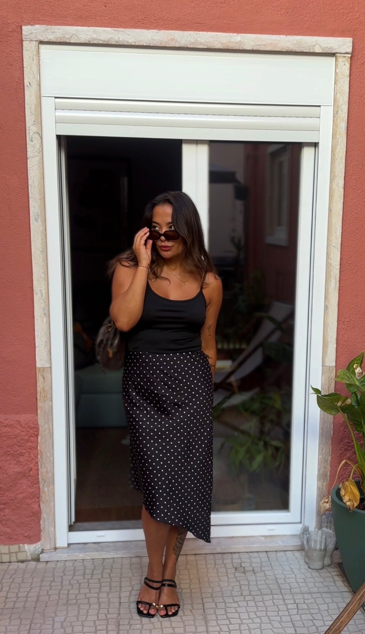 Polka Dot Satin Midi Skirt White & Black