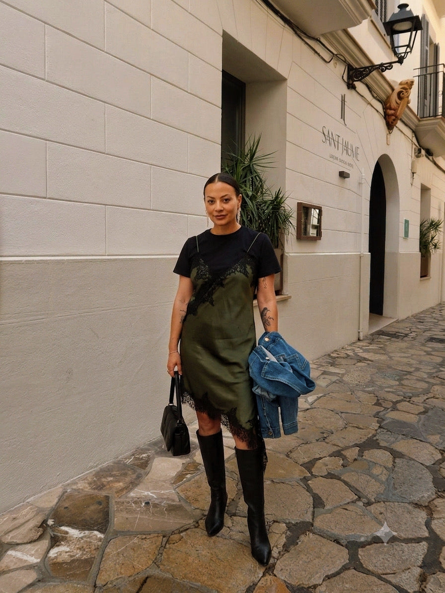 Olive Green Asymmetrical Lace Slip dressDress