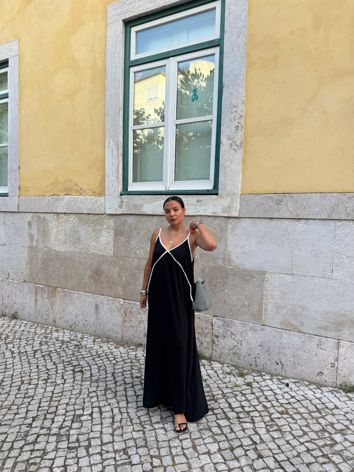 Black Flowy Maxi Boho Dress with Contrast