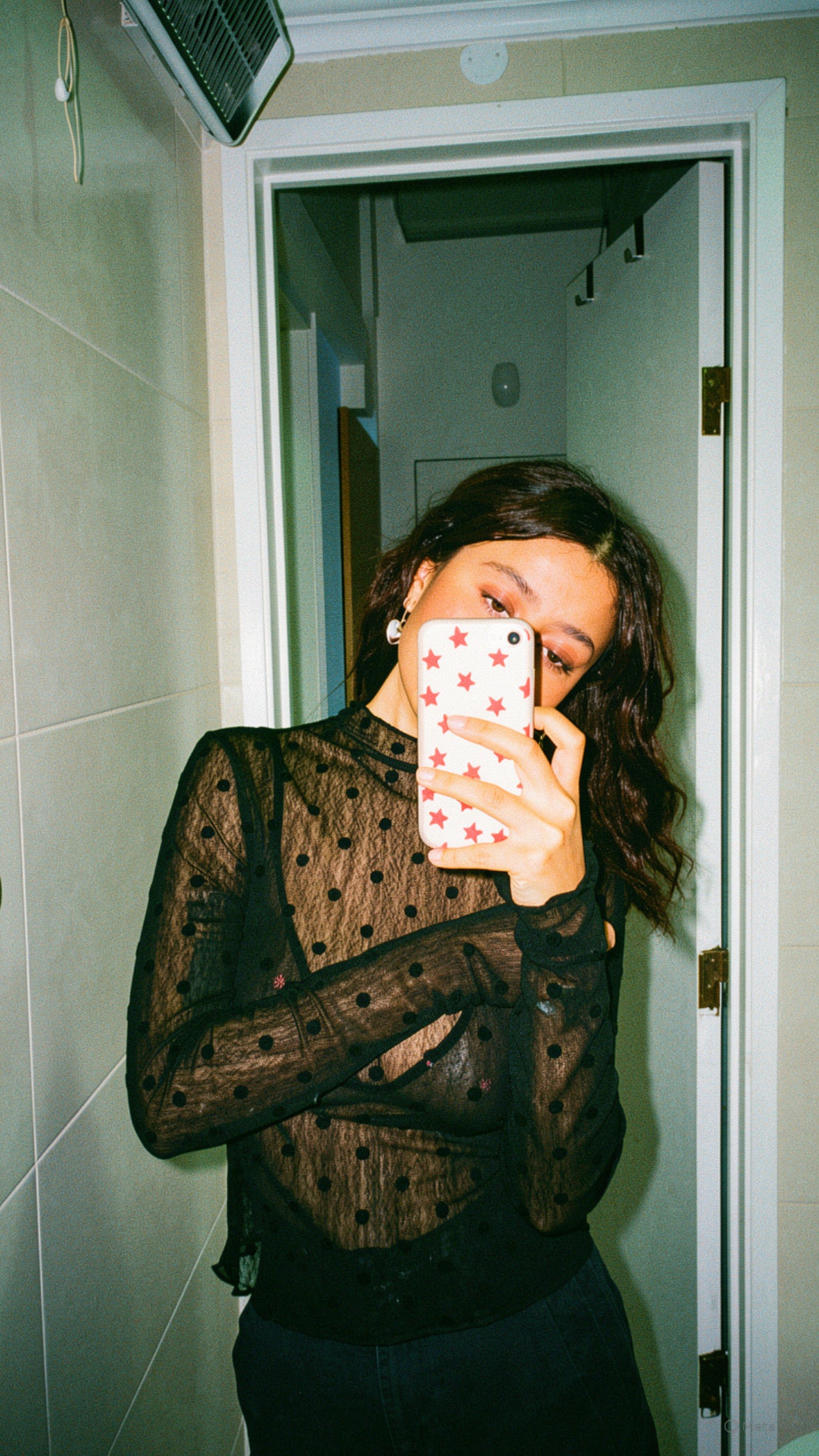 black mesh polka dots blouse