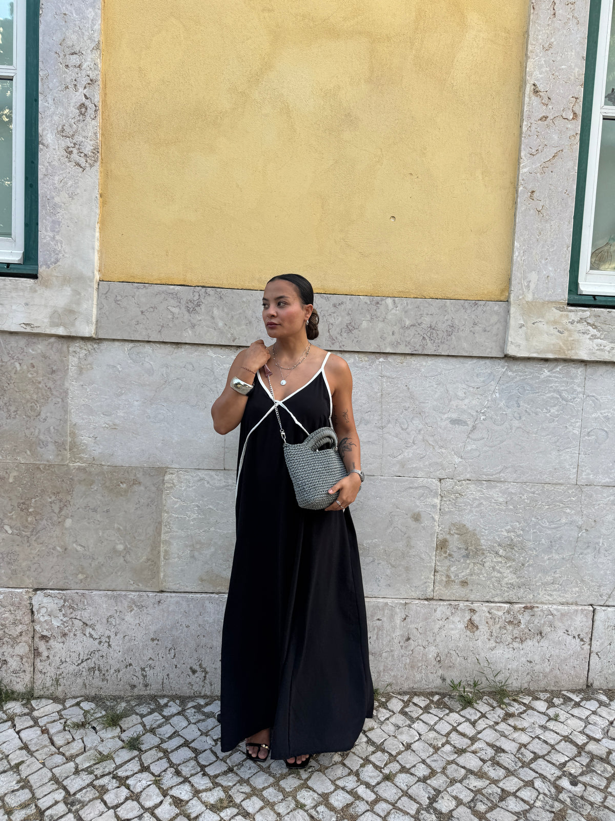 Black Flowy Maxi Boho Dress with Contrast