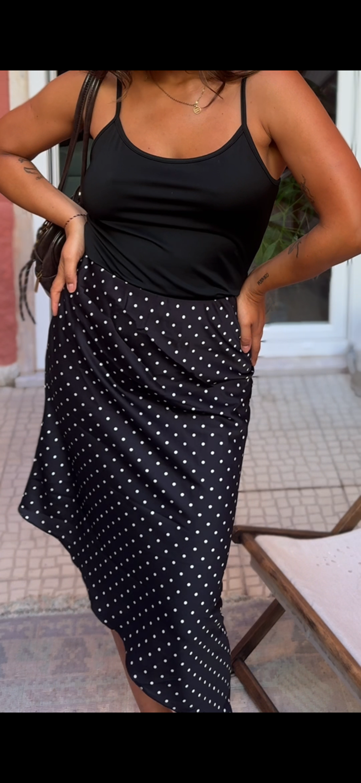 Polka Dot Satin Midi Skirt White & Black
