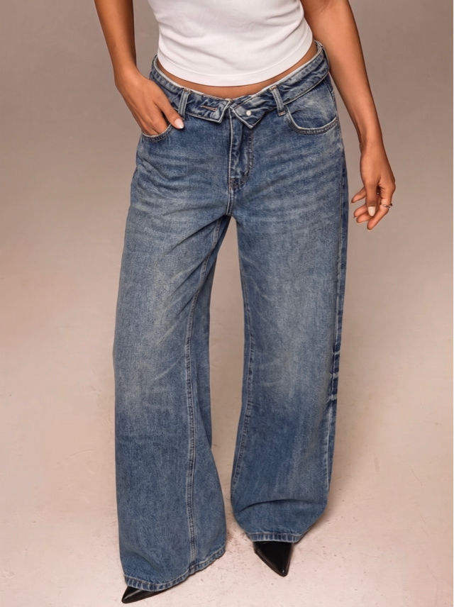 Cross-Waist Wide-Leg Jeans