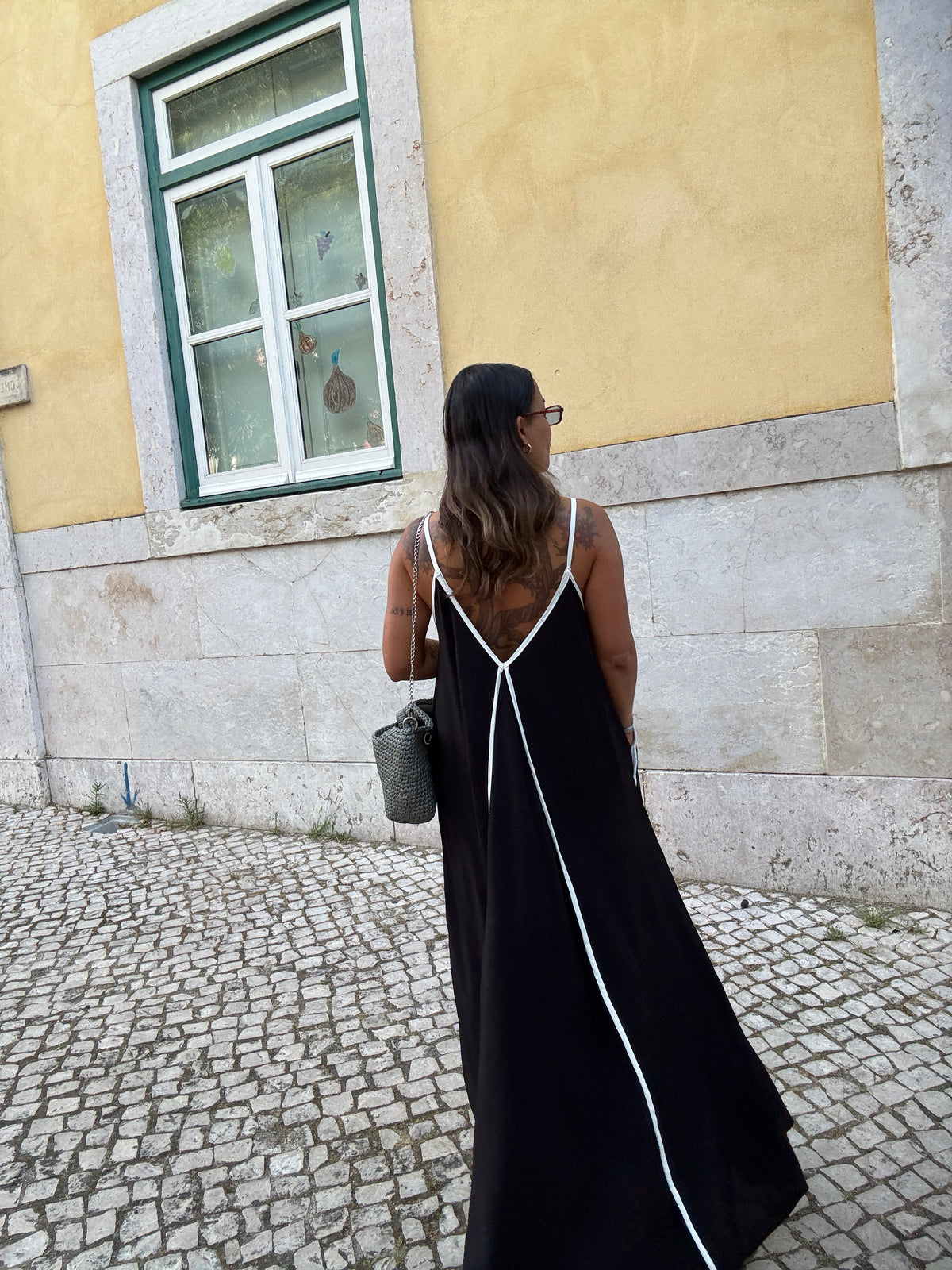 Black Flowy Maxi Boho Dress with Contrast