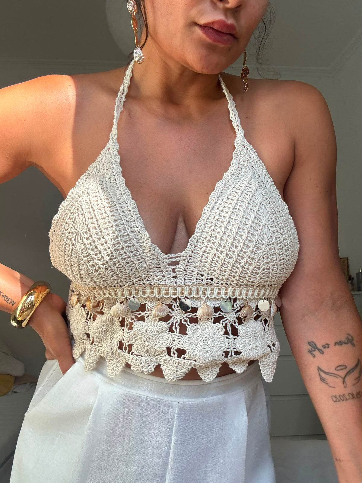 Boho Crochet Crop Top with Shell & Coin Trim