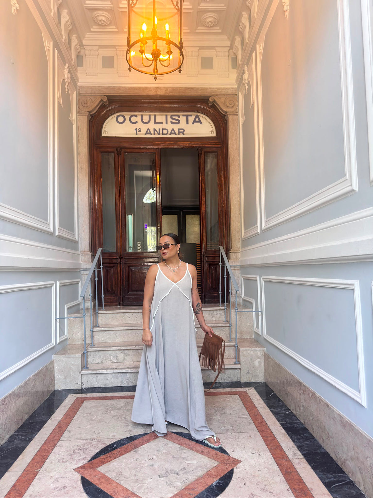 Light Grey Flowy Maxi Boho Dress with Contrast