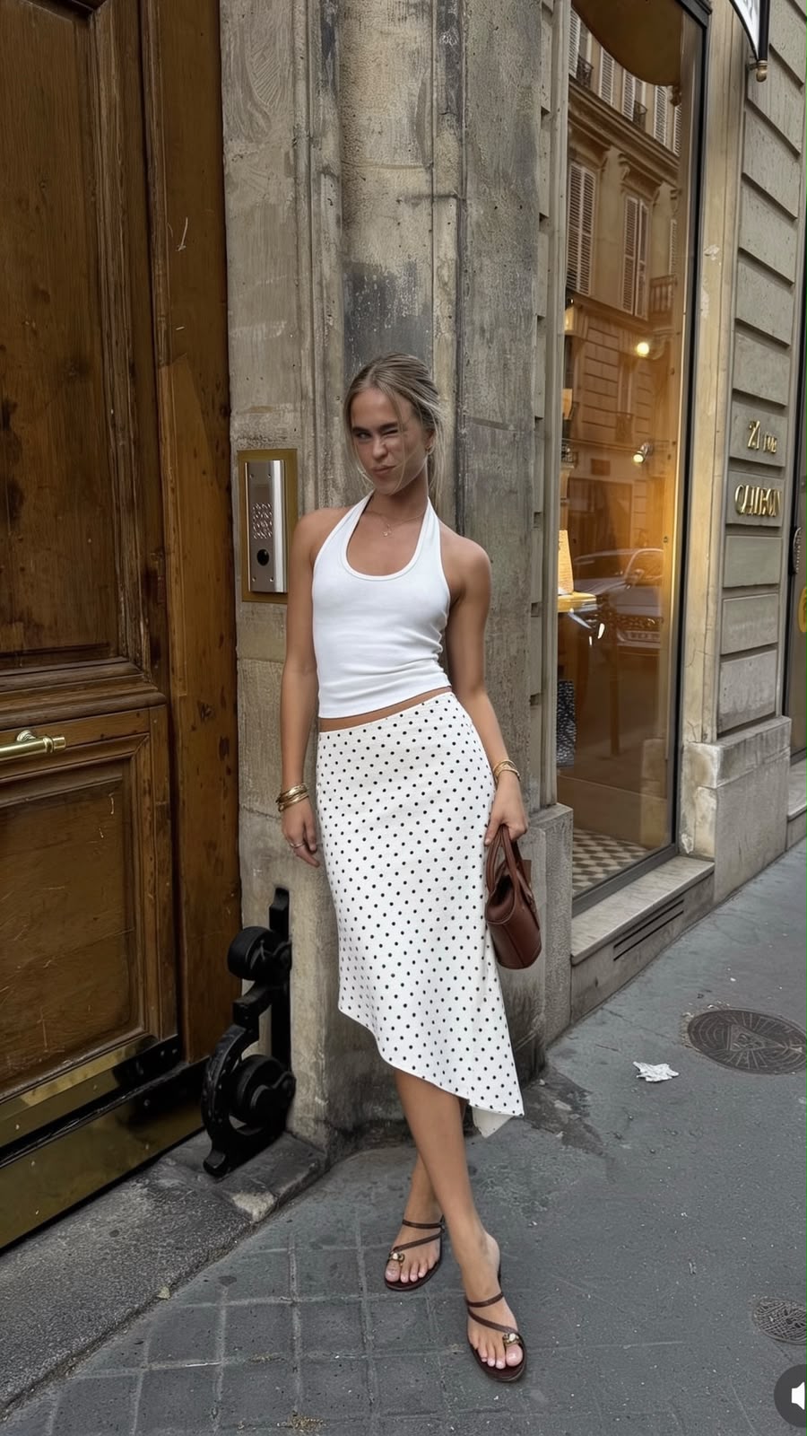 Polka Dot Satin Midi Skirt White & Black