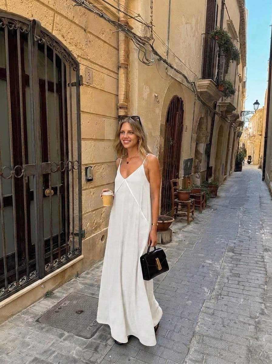 Light Grey Flowy Maxi Boho Dress with Contrast