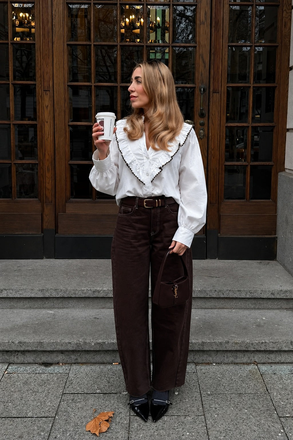 Contrast Trim Ruffled V-Neck Shirt