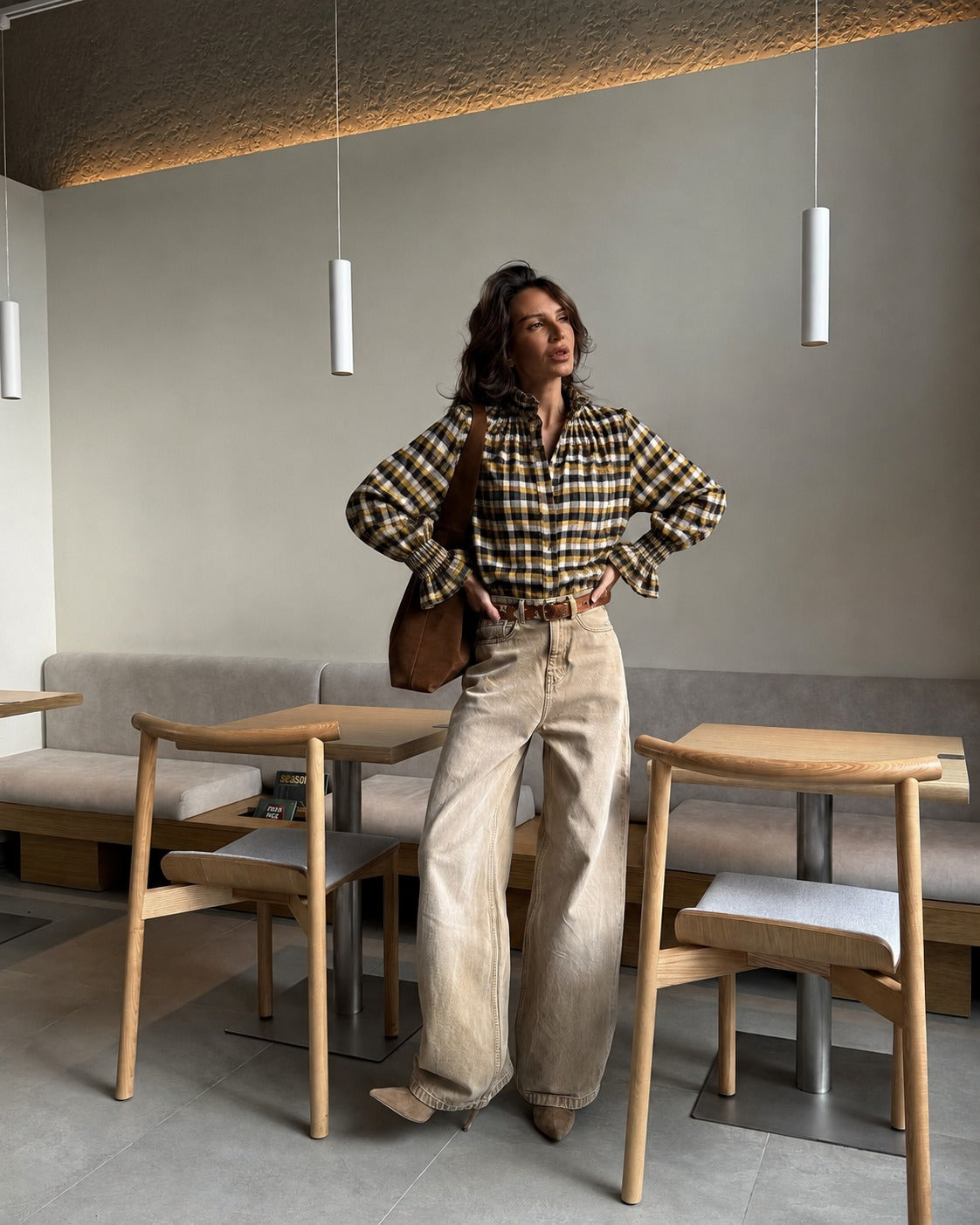 Plaid Smocked Cuff Blouse